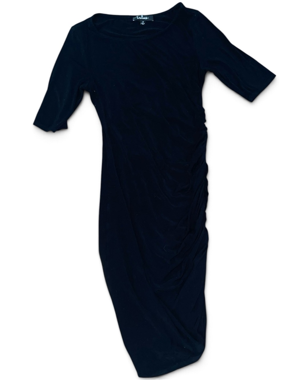 Lulus Black Ruched Bodycon Midi Dress Sz S Asymmetrical Elbow Sleeve